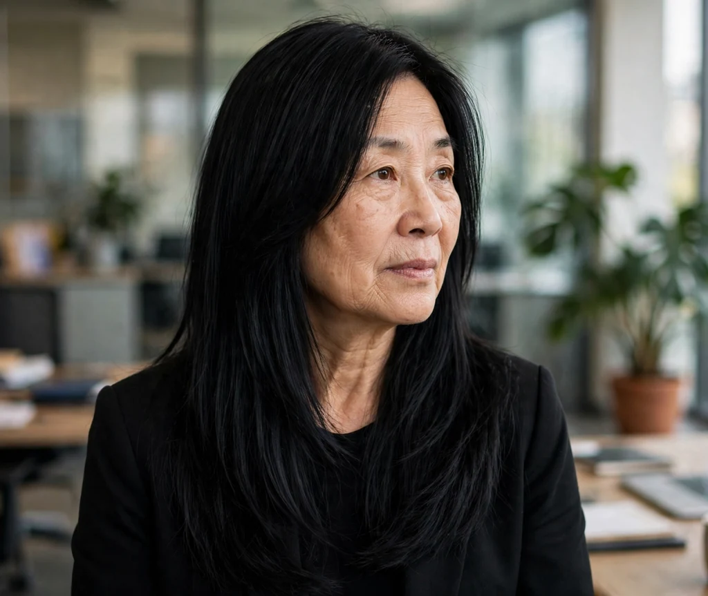 East Asian woman in her late fifties with a sleek straight jet-black long shag in an office