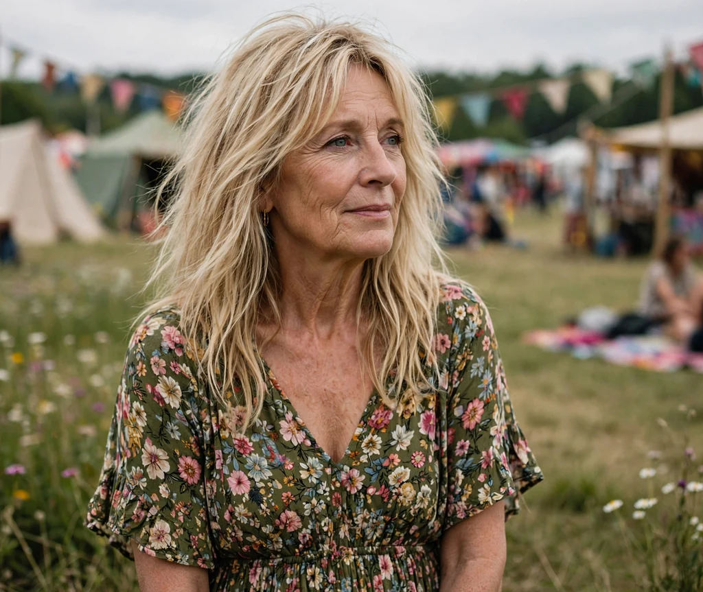 White woman in her mid-sixties with a blonde bohemian long shag with undone texture in a festival field