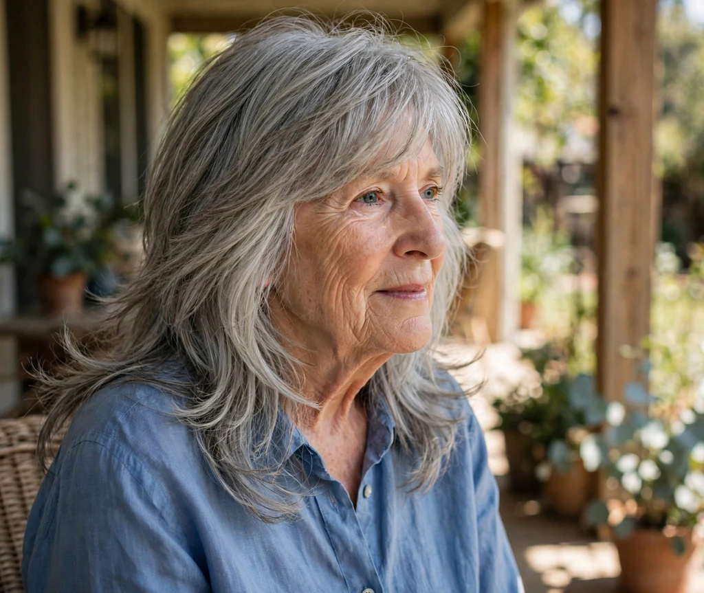White woman in her mid-seventies with a grey long shag with feathered ends on a sunny porch