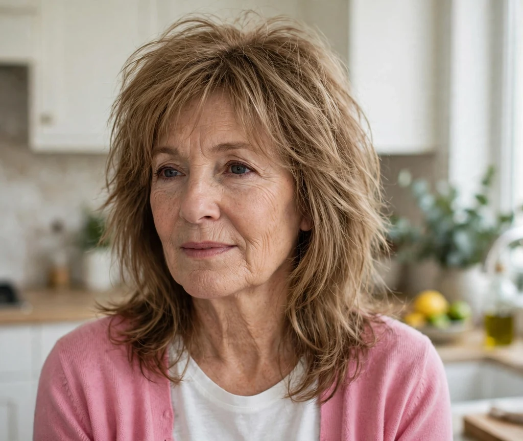 White woman in her late fifties with a light brown long shag with volume-boosting layers for thin hair in a kitchen