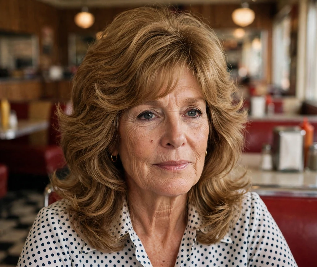 White woman in her early sixties with a golden brown retro 70s feathered long shag in a retro diner