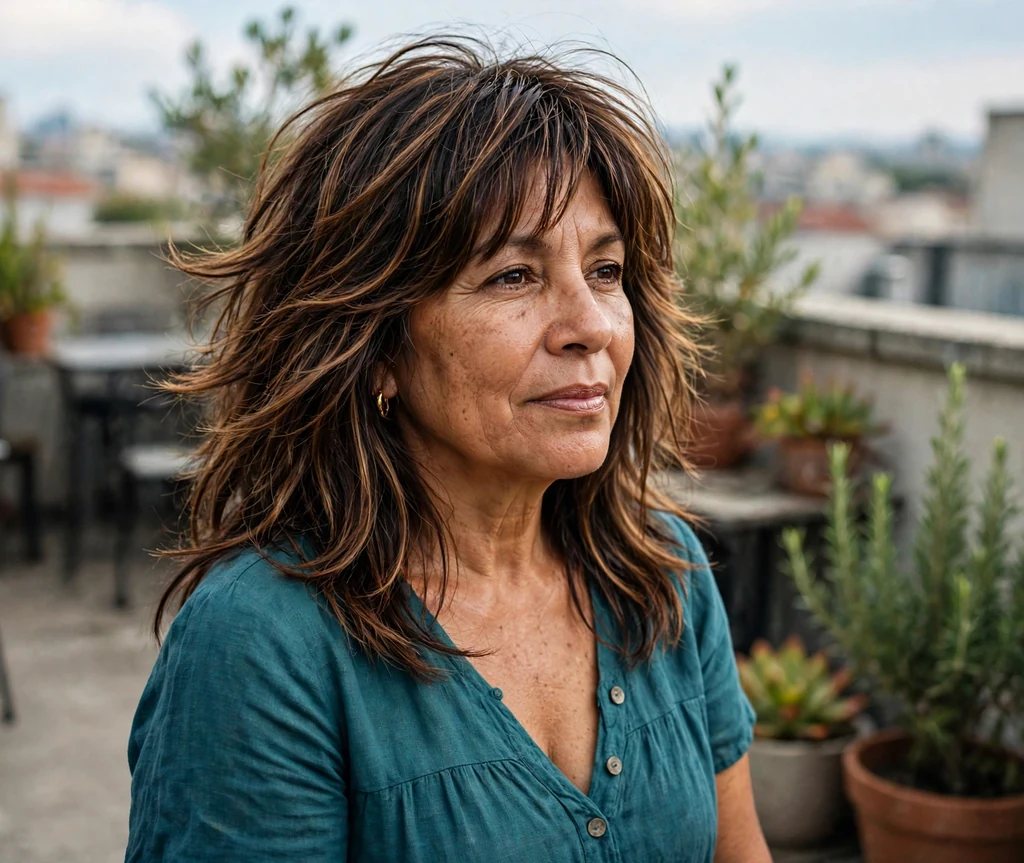 Latina woman in her mid-fifties with a dark brown long shag with caramel highlights on a rooftop terrace