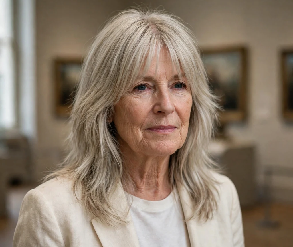 White woman in her mid-sixties with an ash blonde long shag with a middle part in a museum