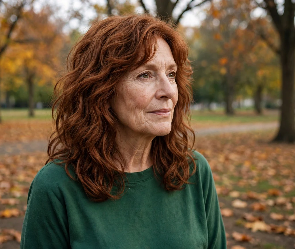 White woman in her early sixties with an auburn wavy long shag in an autumn park