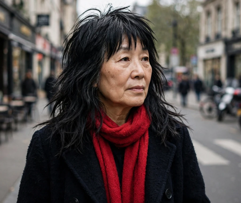 East Asian woman in her early sixties with a black long shag with choppy bangs on a city street