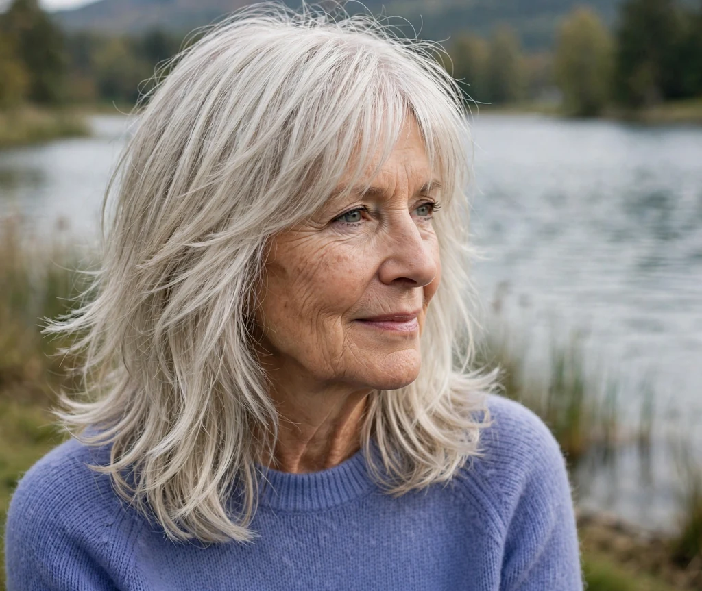 White woman in her late sixties with a silver-blonde soft long shag for fine hair by a lake