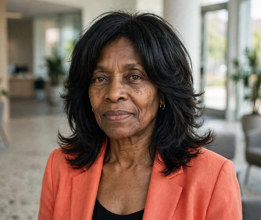 Black woman in her early sixties with a black layered long shag with flipped-out ends in an office lobby