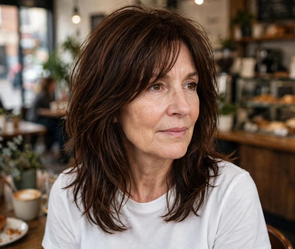 White woman in her mid-fifties with a chocolate brown long shag with face-framing layers in a coffee shop