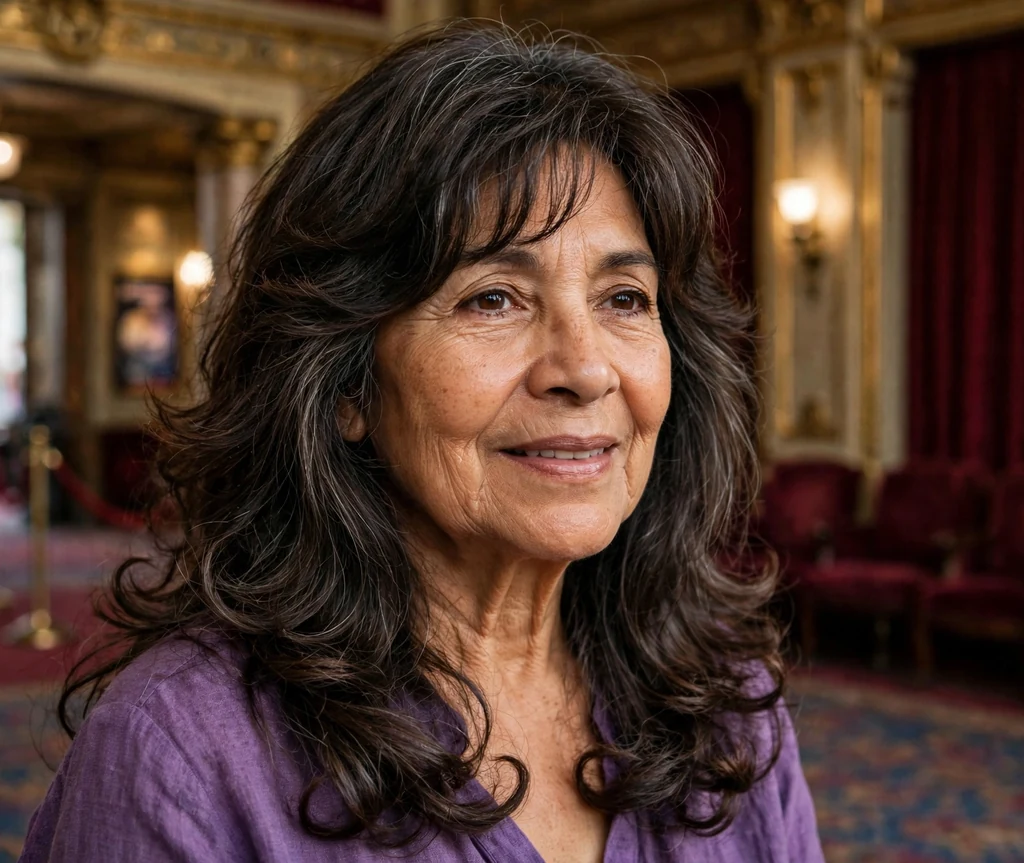 Latina woman in her late sixties with a dark brown long shag with curled ends in a theater lobby