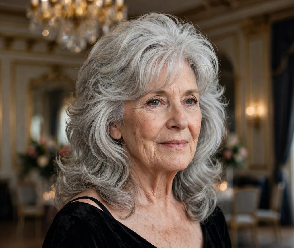 White woman in her early seventies with an elegant voluminous silver long shag in a ballroom
