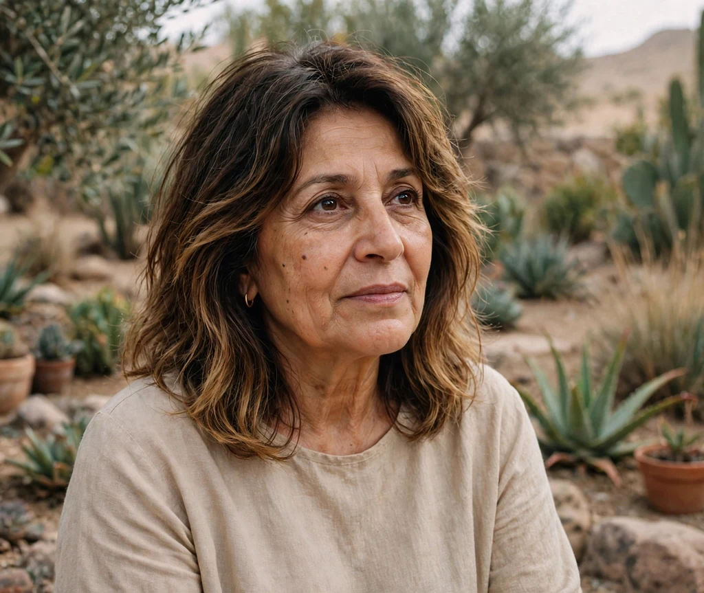 Middle Eastern woman in her mid-sixties with a dark brown to caramel ombre long shag in a desert garden