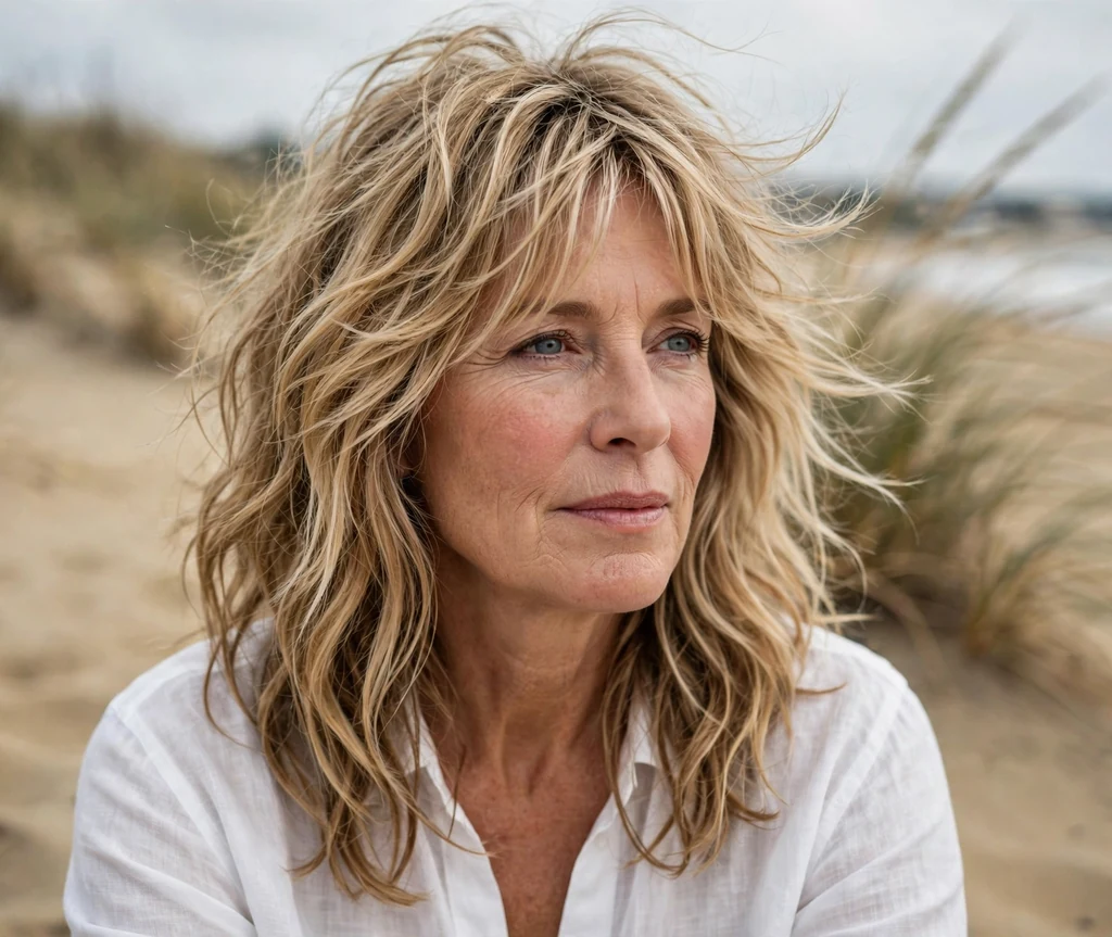 White woman in her late fifties with a sandy blonde tousled long shag with beach waves on a beach