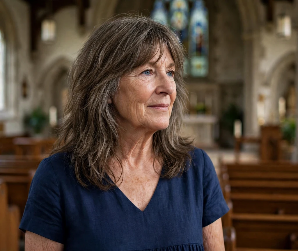 White woman in her mid-sixties with a medium brown classic long shag with layers throughout in a church