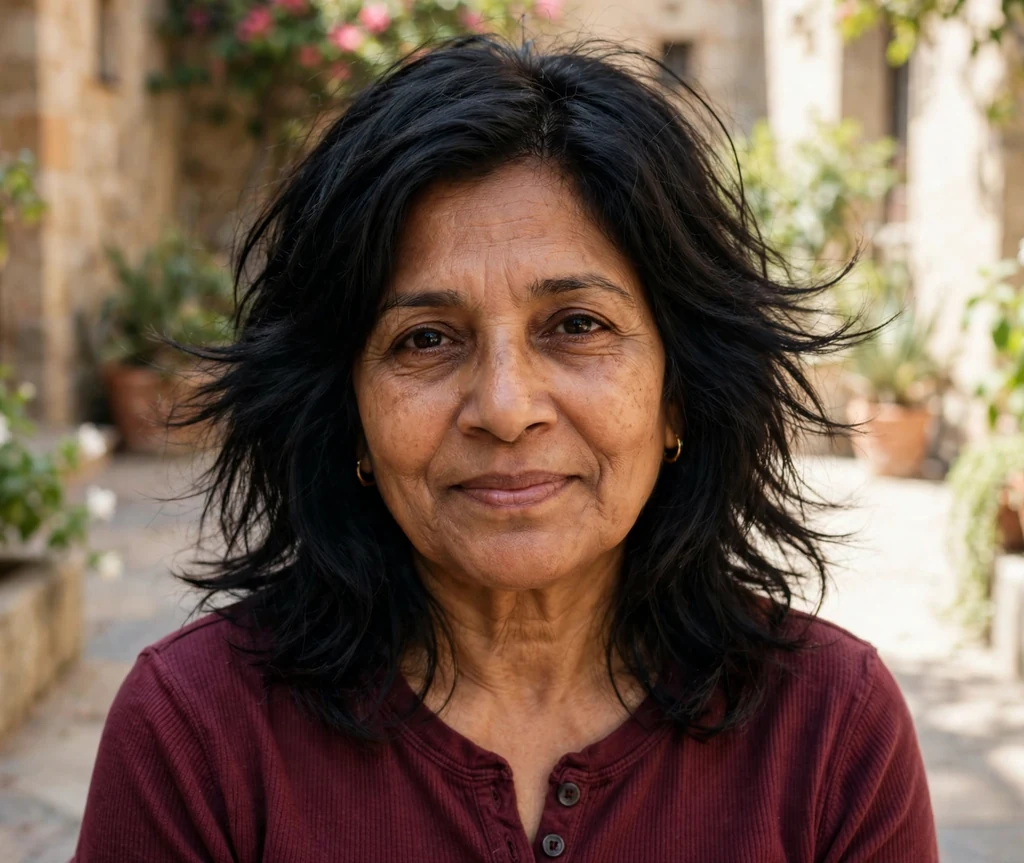 South Asian woman in her late fifties with a thick black long shag with thinned airy ends in a courtyard