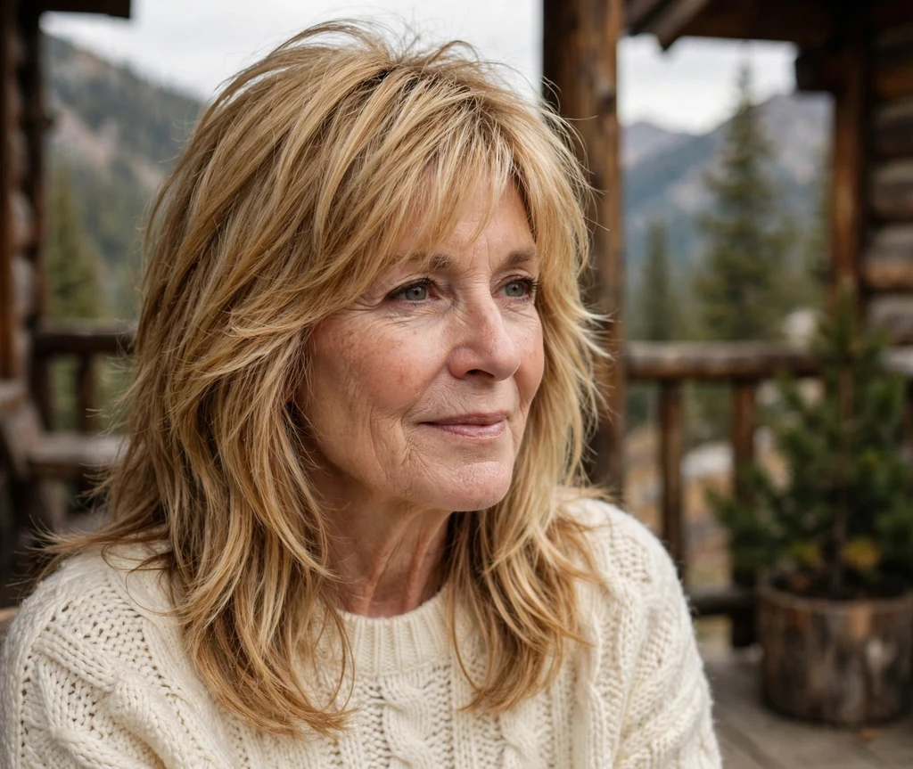 White woman in her early sixties with a warm honey blonde long shag on a mountain cabin porch