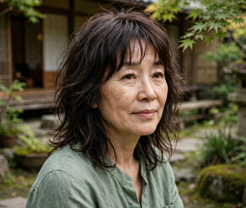 East Asian woman in her mid-fifties with a dark brown long shag with wispy bangs in a tea house garden