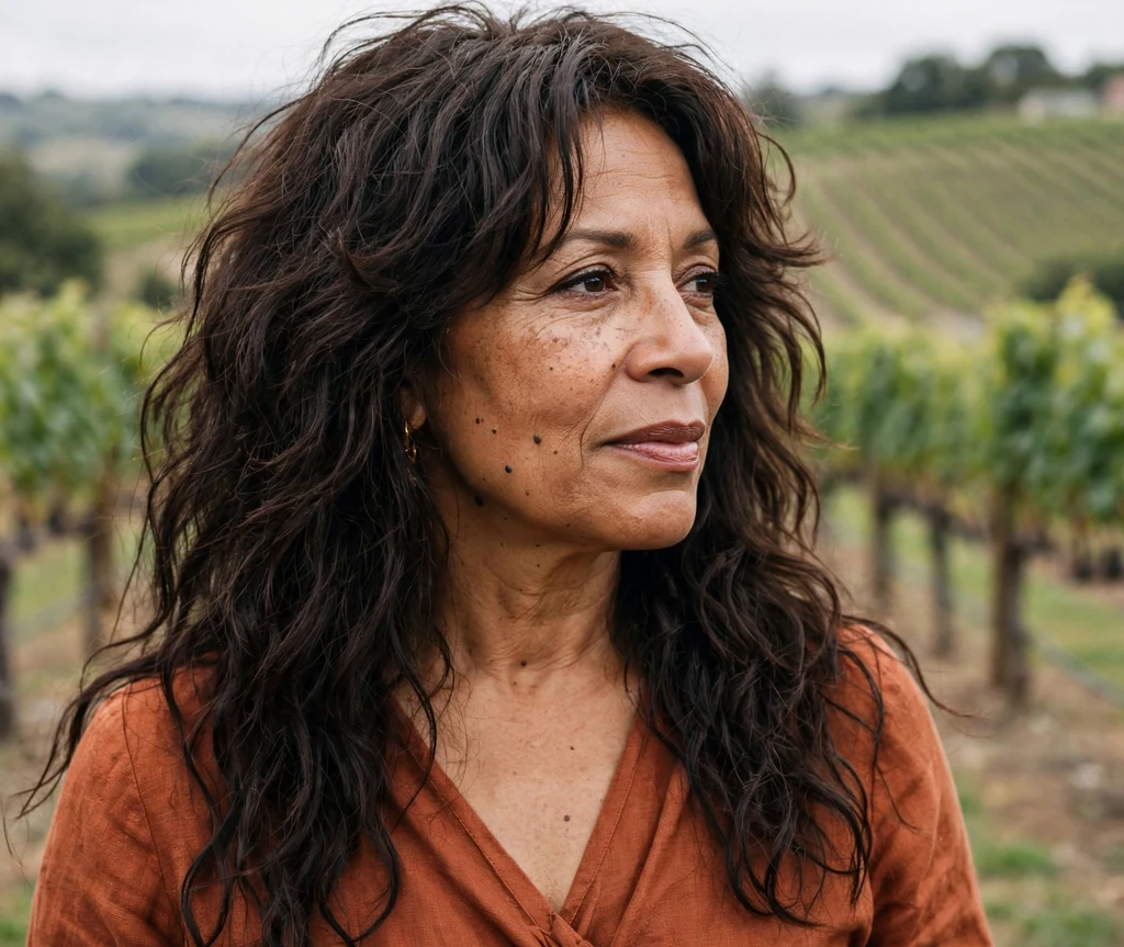 Mixed-race woman in her late fifties with extra-long shaggy layered hair past the shoulders in vineyard rows