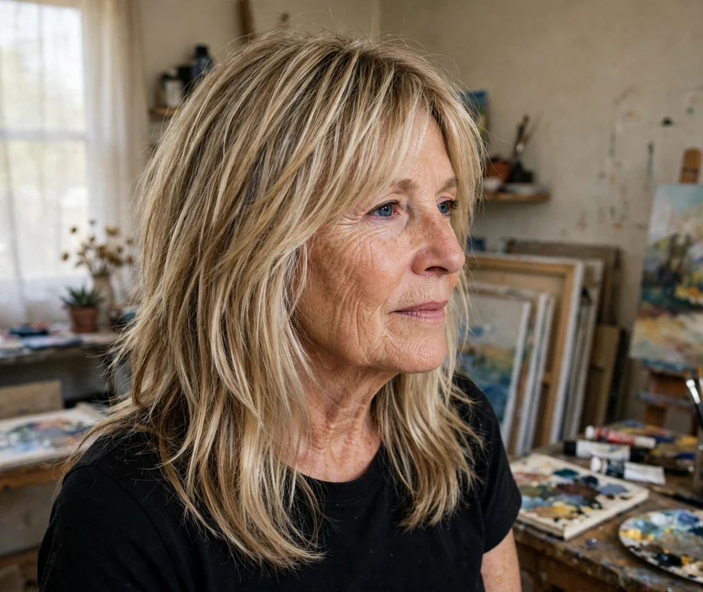 White woman in her mid-sixties with a blonde long shag with dimensional highlights in an art studio
