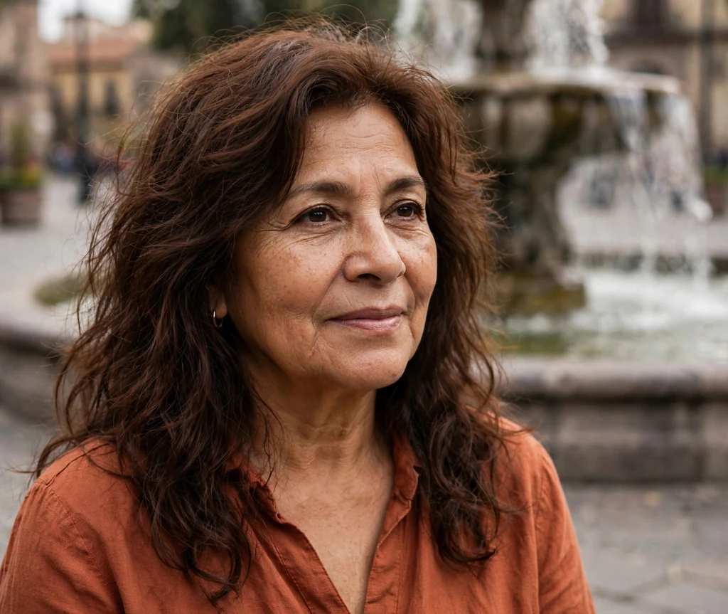 Latina woman in her early sixties with a chocolate brown wavy long shag by a plaza fountain