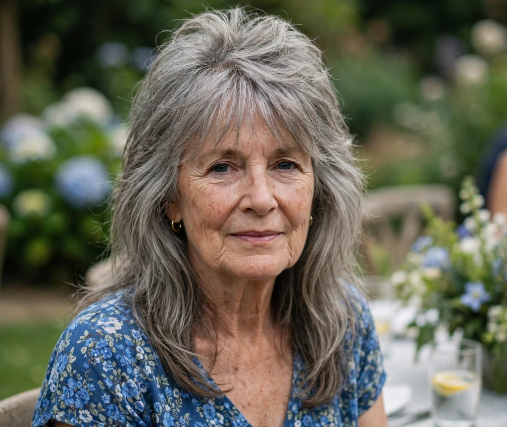 White woman in her late sixties with a grey long shag with shorter crown layers for volume at a garden party