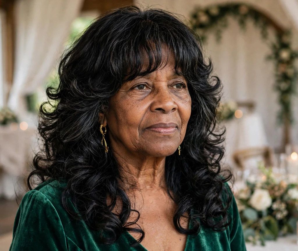 Black woman in her mid-sixties with a soft curls long shag at a wedding venue