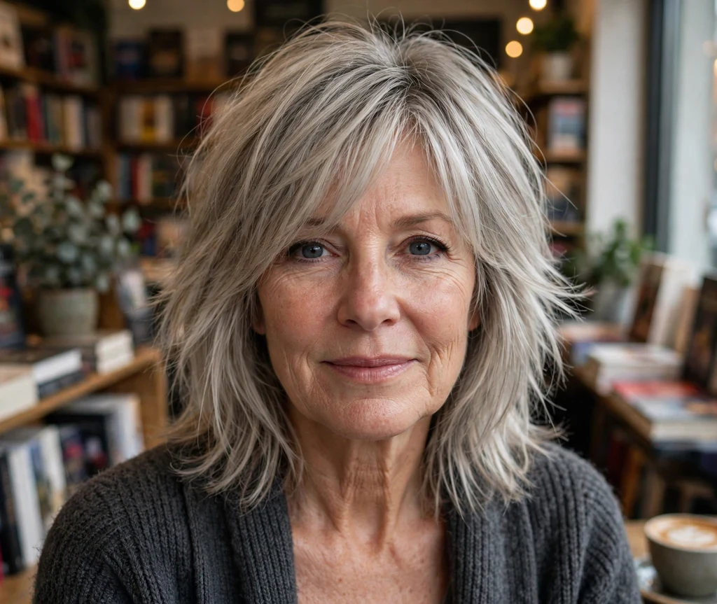 White woman in her early sixties with an ash blonde long shag with cool tones in a bookstore cafe