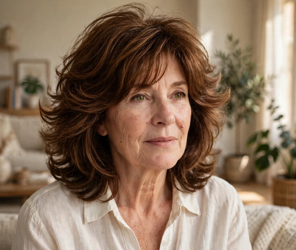 White woman in her mid-fifties with a chestnut airy long shag with blown-out layers in a sunlit living room
