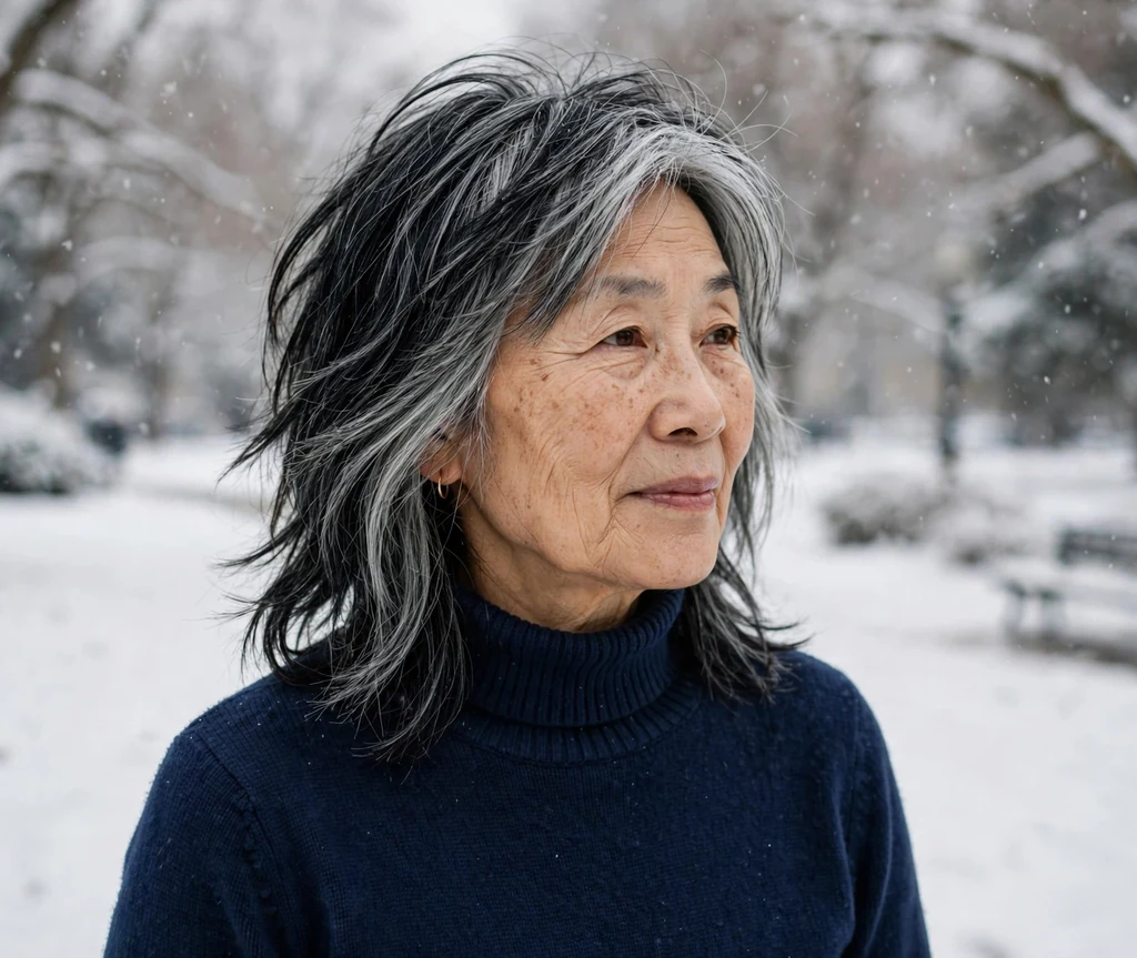 East Asian woman in her late sixties with a silver-streaked black long shag with piecey ends in a snowy park