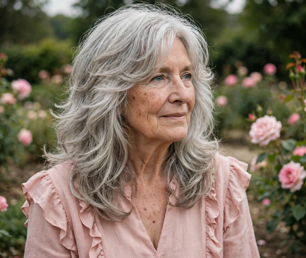 White woman in her early seventies with a silver romantic long shag with soft waves in a rose garden