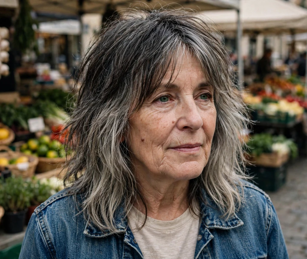 White woman in her mid-sixties with a dark-roots-to-silver-ends long shag at a street market