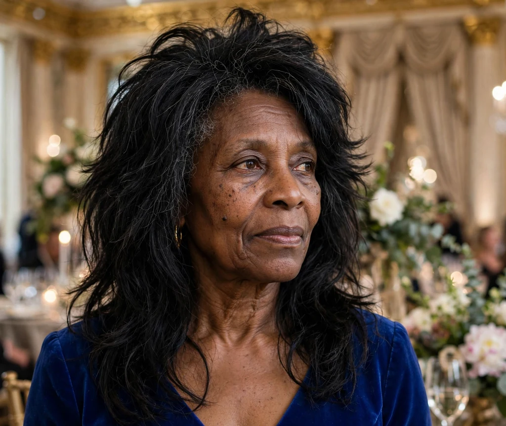 Black woman in her late sixties with a layered long shag with full volume at the crown in a gala hall