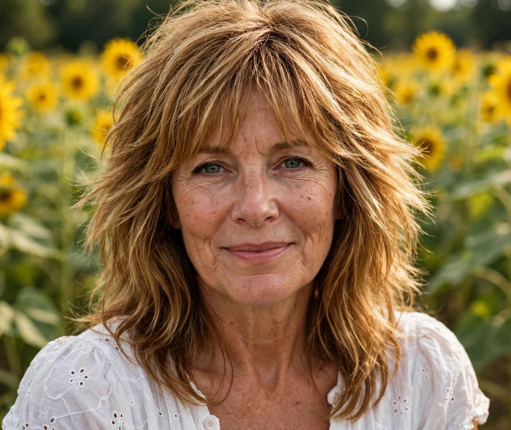 White woman in her late fifties with a golden brown long shag in a sunflower field