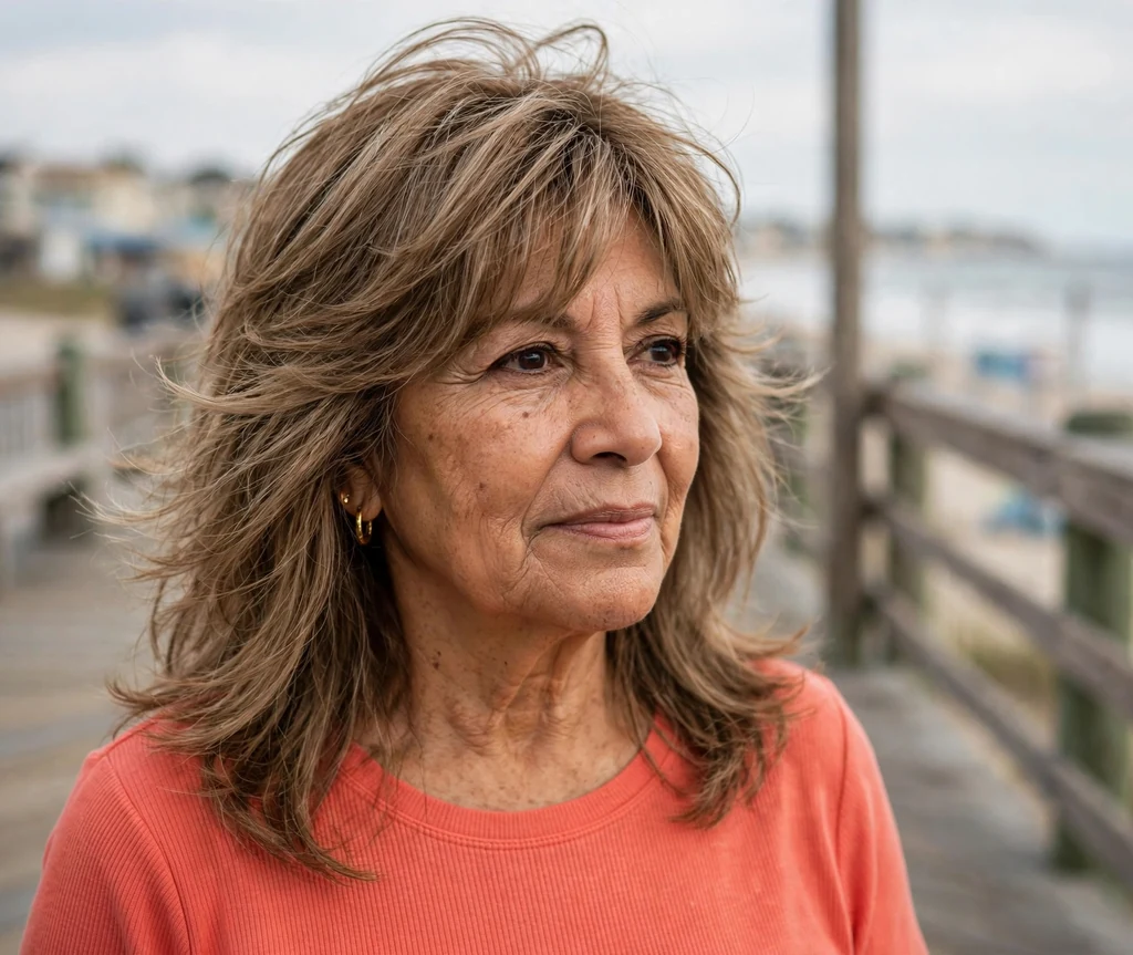 Latina woman in her mid-sixties with a light brown long shag with feathered bangs on a seaside boardwalk