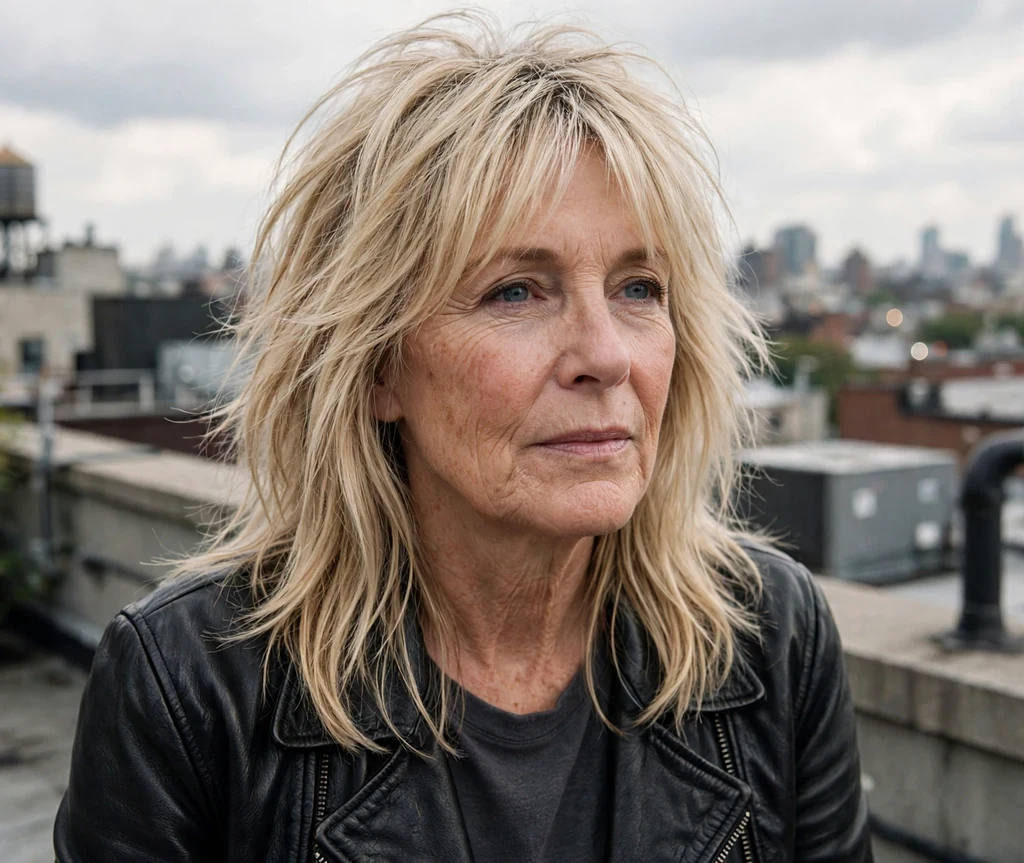 White woman in her early sixties with a blonde messy-chic long shag on a city rooftop