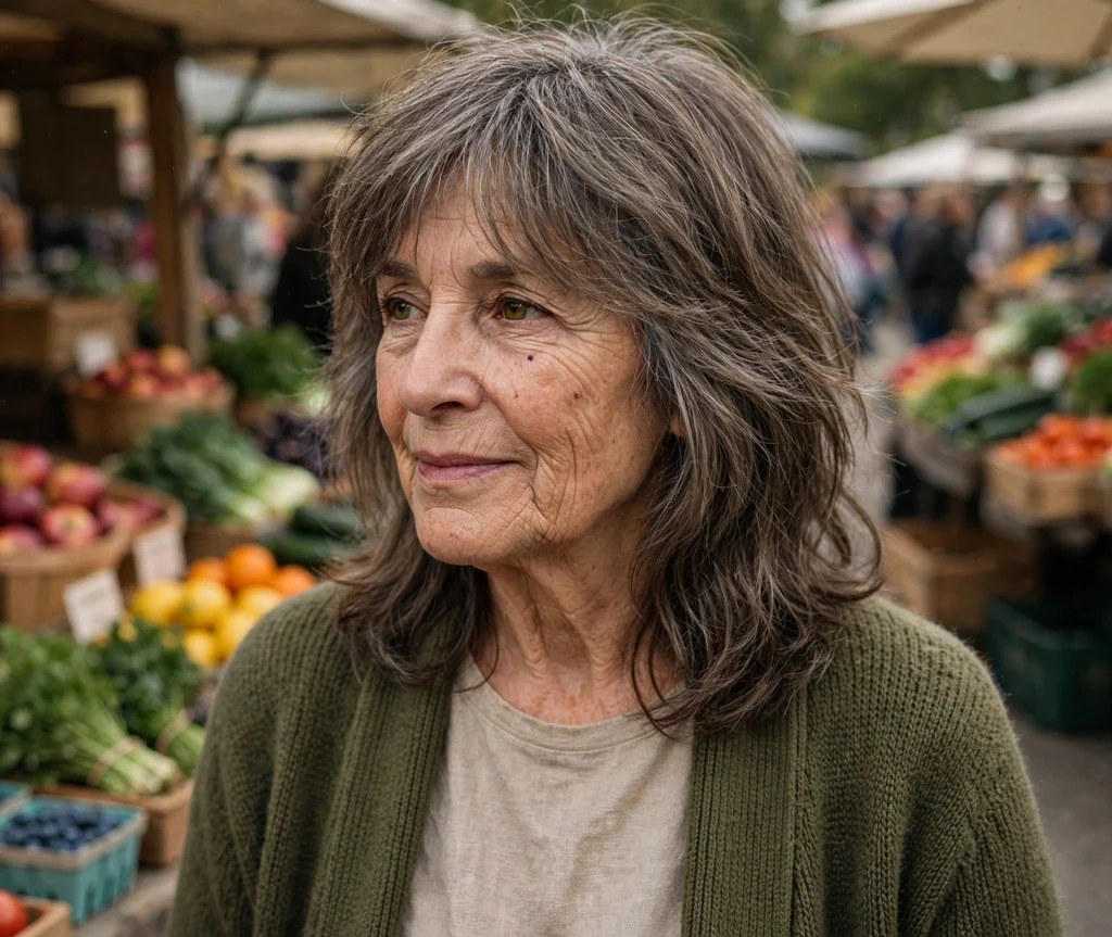 White woman in her late sixties with a grey-brown low-maintenance long shag at a farmers market