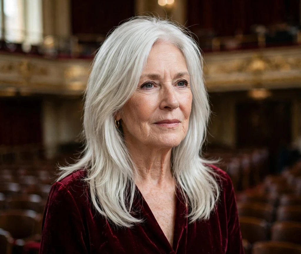 White woman in her mid-seventies with a platinum silver sleek long shag in a concert hall