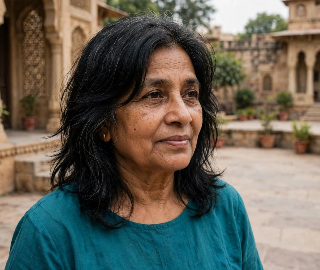 South Asian woman in her early sixties with a black long shag with soft face-framing layers in a palace courtyard