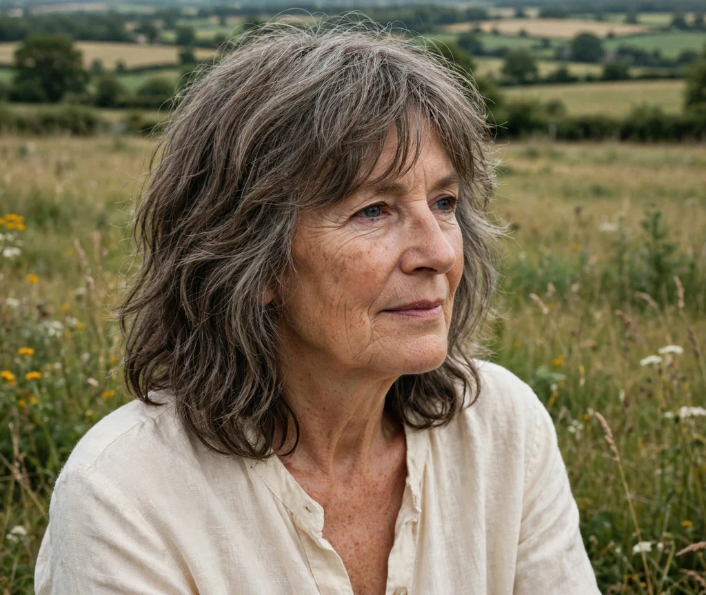 White woman in her mid-sixties with a natural grey-brown effortless long shag in a countryside meadow