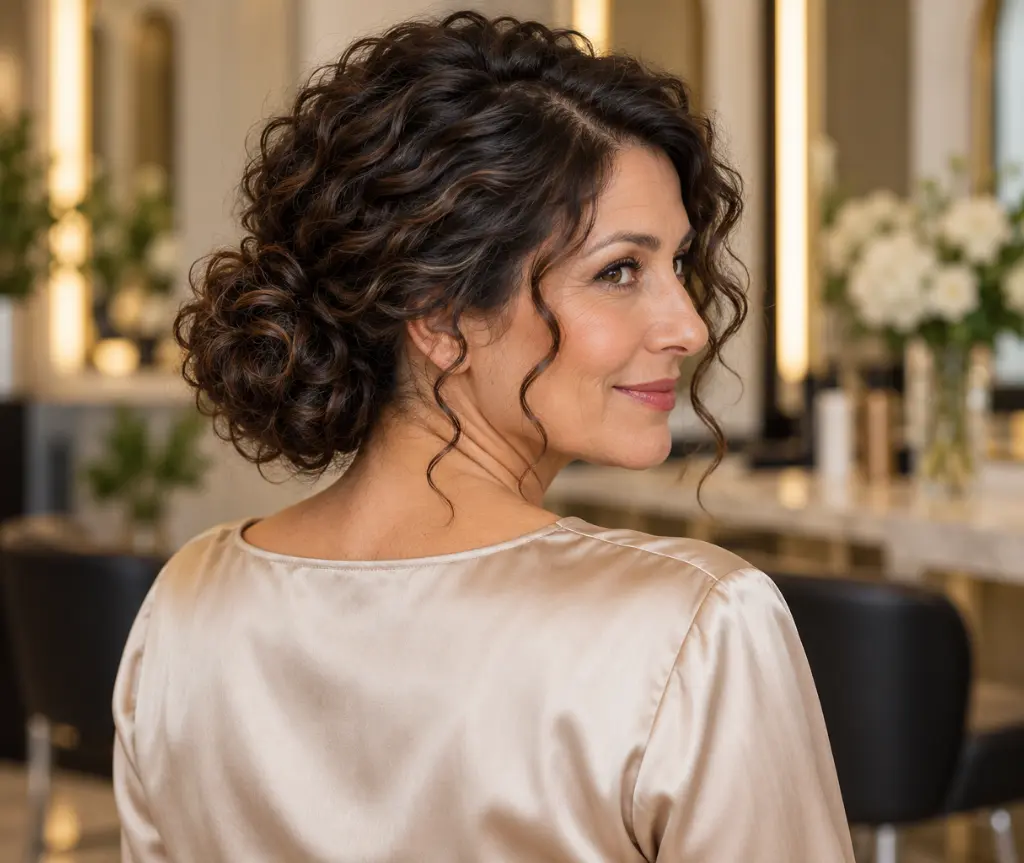 Low Curly Bun with Face-Framing Pieces
