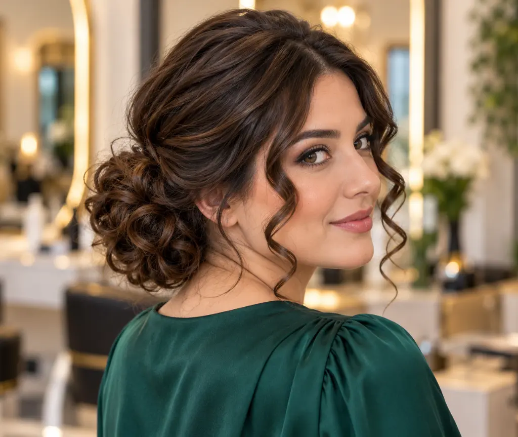 Low Curly Bun with Loose Tendrils