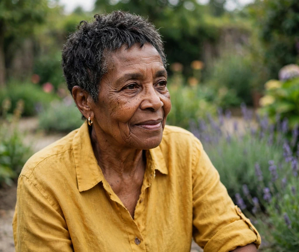 Black woman in her mid-sixties with a wash-and-go textured pixie in a garden