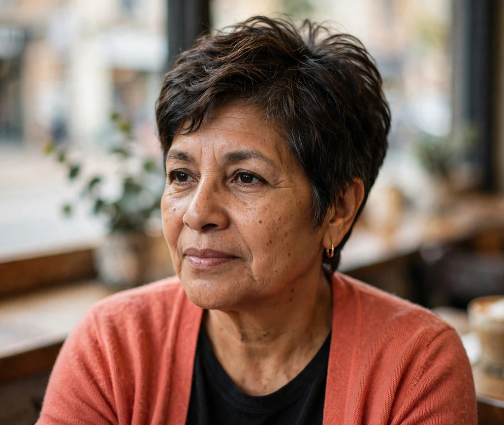 Latina woman in her late fifties with a dark brown tapered pixie with a longer crown at a cafe