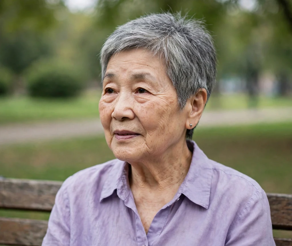 East Asian woman in her early seventies with a grey tapered crop on a park bench