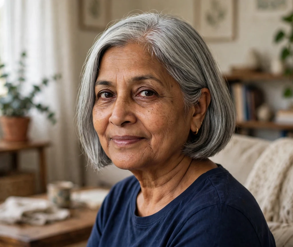 South Asian woman in her mid-sixties with a silver blunt chin bob tucked behind one ear in a living room