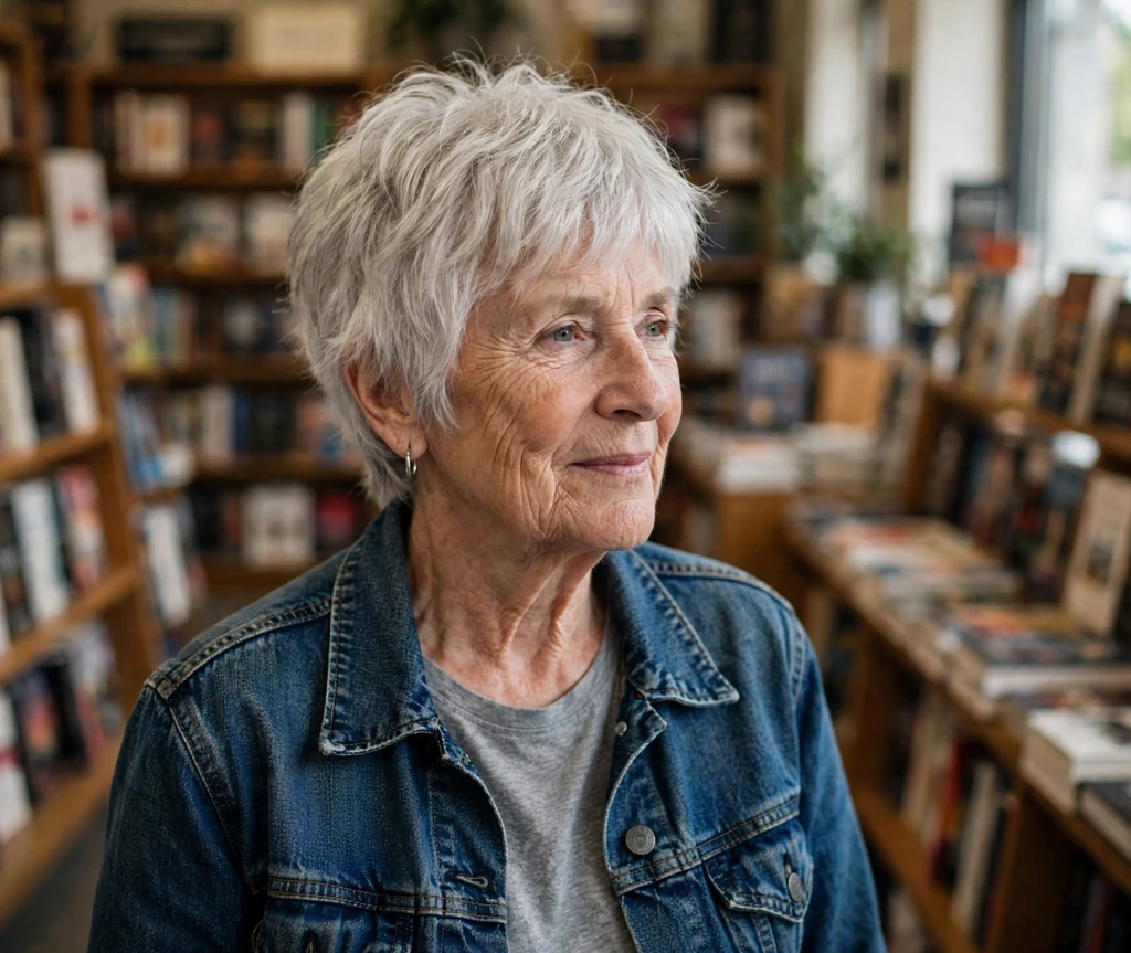 White woman in her late sixties with a white soft shaggy pixie in a bookstore