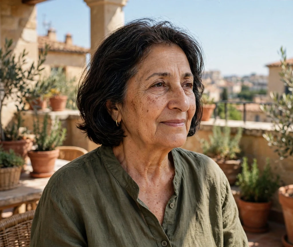 Middle Eastern woman in her early sixties with a dark graduated bob on a terrace