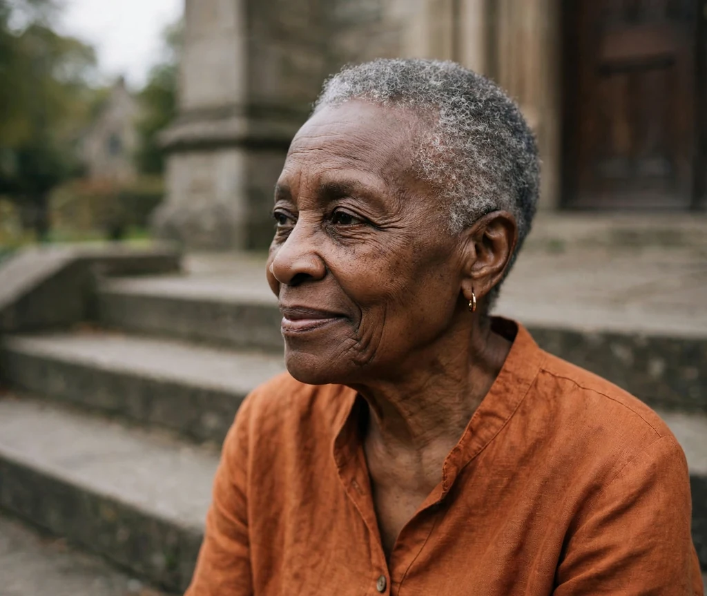 Black woman in her early seventies with a neat silver tapered crop on church steps