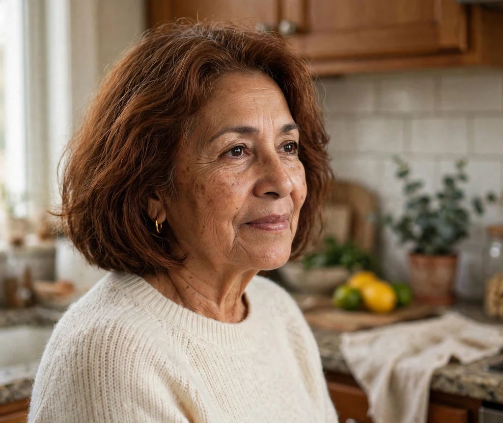 Latina woman in her mid-sixties with an auburn swing bob in a kitchen
