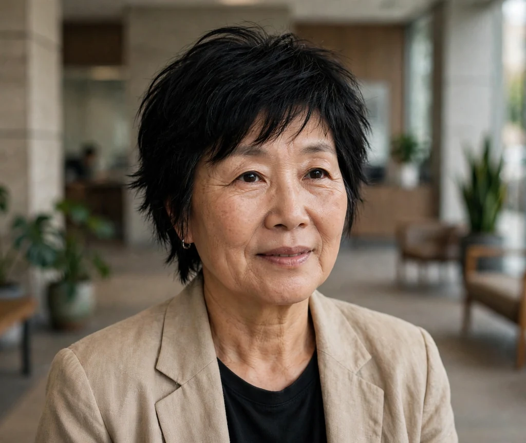 East Asian woman in her late fifties with a black feathered short shag in an office lobby