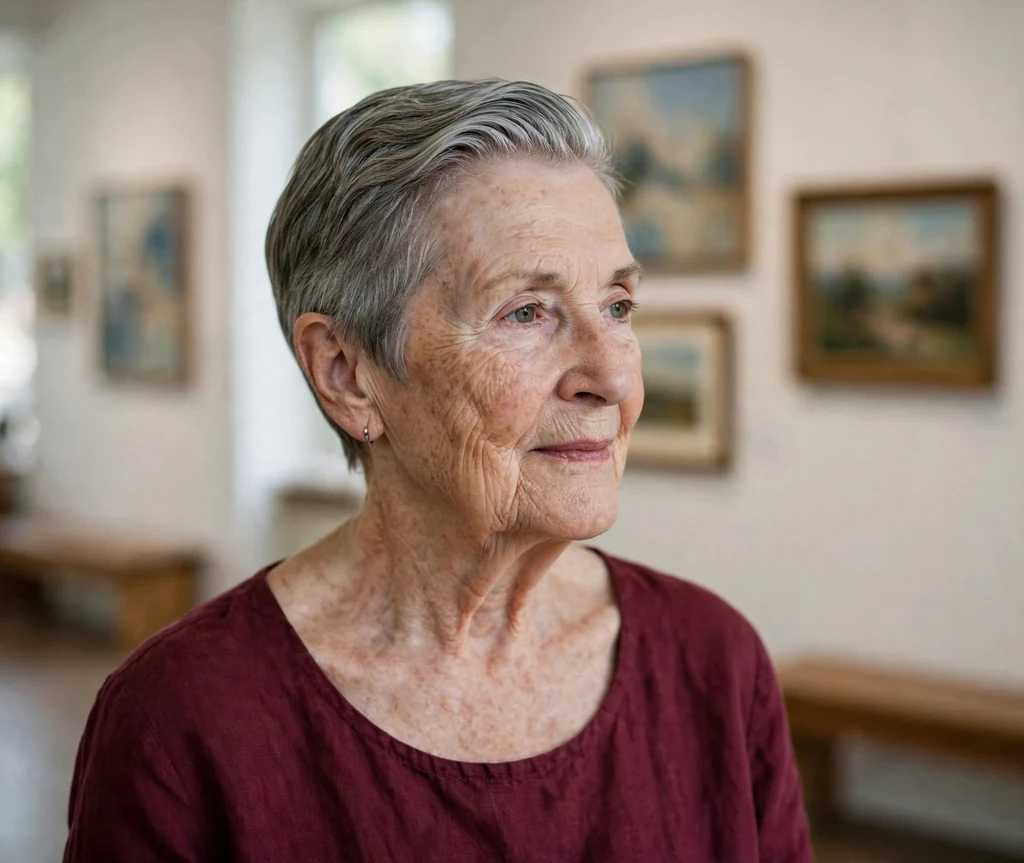 White woman in her early seventies with a grey no-heat slicked pixie in an art gallery